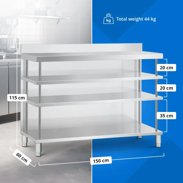 Bāra virsmas galds ar apmali, 4 plaukti, TĒRAUDA, 150 x 60 x 105 cm
