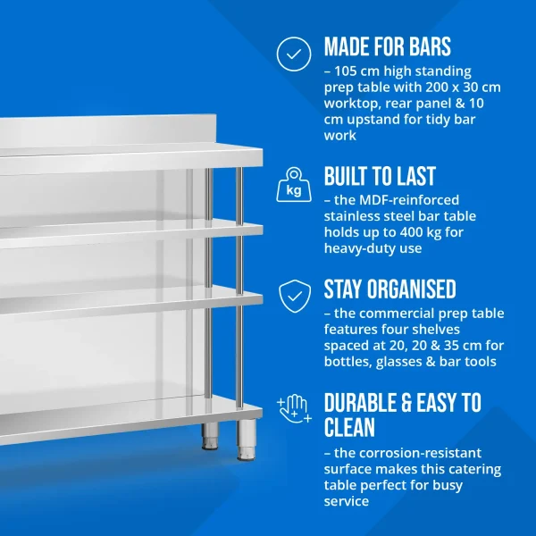 Bāra galds, darba virsma, ēdināšanas uzņēmums, ar apmali, 4 plaukti, TĒRAUDS, 200 x 30 x 105 cm