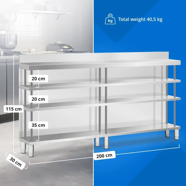 Bāra galds, darba virsma, ēdināšanas uzņēmums, ar apmali, 4 plaukti, TĒRAUDS, 200 x 30 x 105 cm