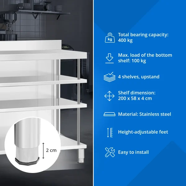 Bāra galds, darba virsma, ēdināšanas uzņēmums, ar apmali, 4 plaukti, TĒRAUDS, 200 x 60 x 105 cm