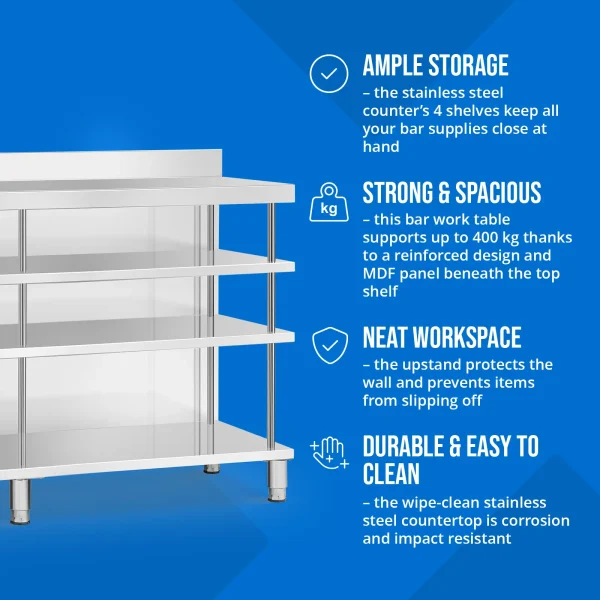 Bāra galds, darba virsma, ēdināšanas uzņēmums, ar apmali, 4 plaukti, TĒRAUDS, 200 x 60 x 105 cm