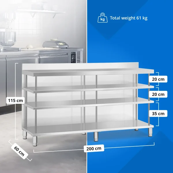 Bāra galds, darba virsma, ēdināšanas uzņēmums, ar apmali, 4 plaukti, TĒRAUDS, 200 x 60 x 105 cm