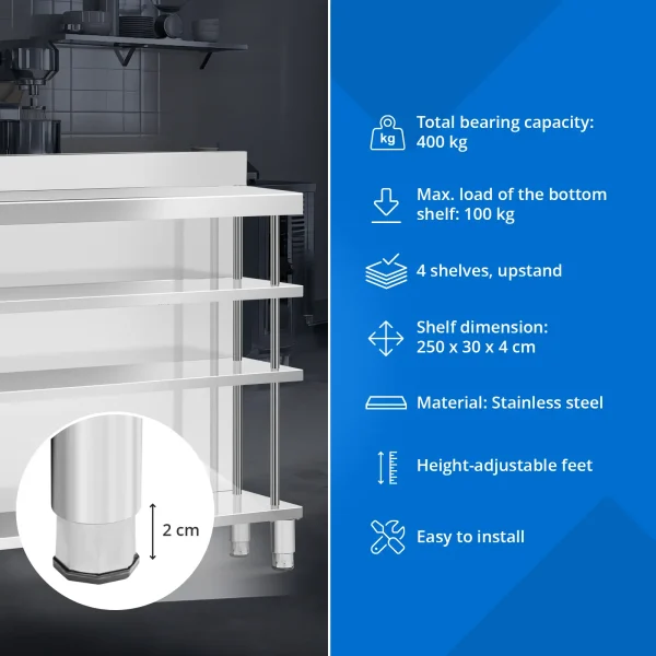 Bāra galds, darba virsma, ēdināšanas uzņēmums, ar apmali, 4 plaukti, TĒRAUDS, 250 x 30 x 105 cm