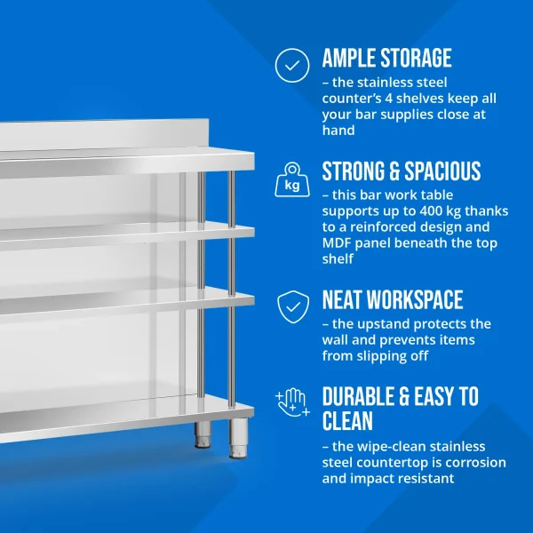 Bāra galds, darba virsma, ēdināšanas uzņēmums, ar apmali, 4 plaukti, TĒRAUDS, 250 x 30 x 105 cm