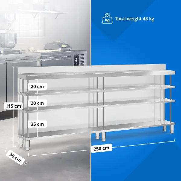 Bāra galds, darba virsma, ēdināšanas uzņēmums, ar apmali, 4 plaukti, TĒRAUDS, 250 x 30 x 105 cm