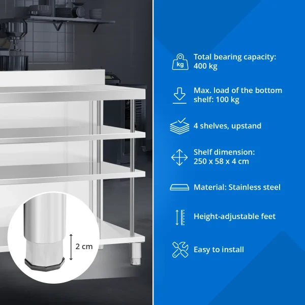 Bāra galds, darba virsma, ēdināšanas uzņēmums, ar apmali, 4 plaukti, TĒRAUDS, 250 x 60 x 105 cm