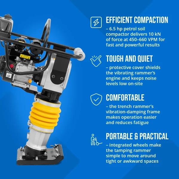 Rammer Jumper, ar benzīnu darbināms betona blīvētājs, 6,5 ZS, 34 x 28 cm
