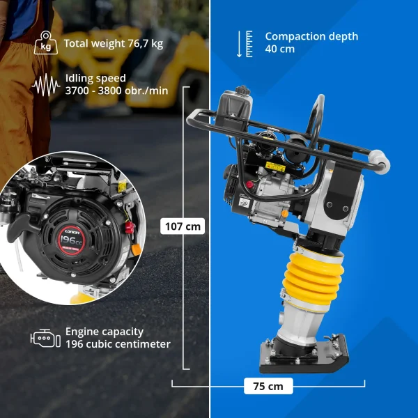Rammer Jumper, ar benzīnu darbināms betona blīvētājs, 6,5 ZS, 34 x 28 cm
