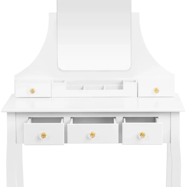 Kosmētikas tualetes galdiņš ar spoguli, tabureti, organizatoru, 5 atvilktnēm - balts