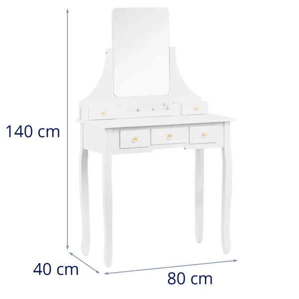 Kosmētikas tualetes galdiņš ar spoguli, tabureti, organizatoru, 5 atvilktnēm - balts