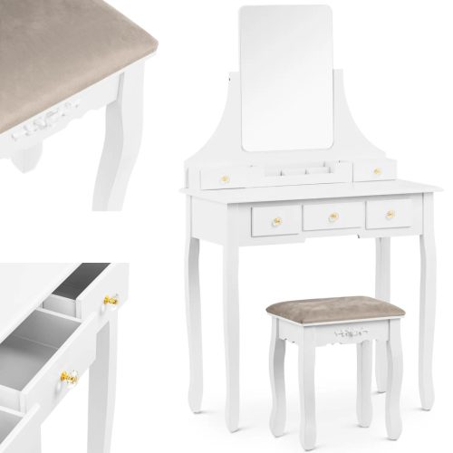 Kosmētikas tualetes galdiņš ar spoguli, tabureti, organizatoru, 5 atvilktnēm - balts