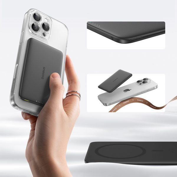 Ultraplāns 5000mAh 20W PicoGo AM41 MagSafe magnētiskais Power Bank ar 30 cm USB-C kabeli - melns