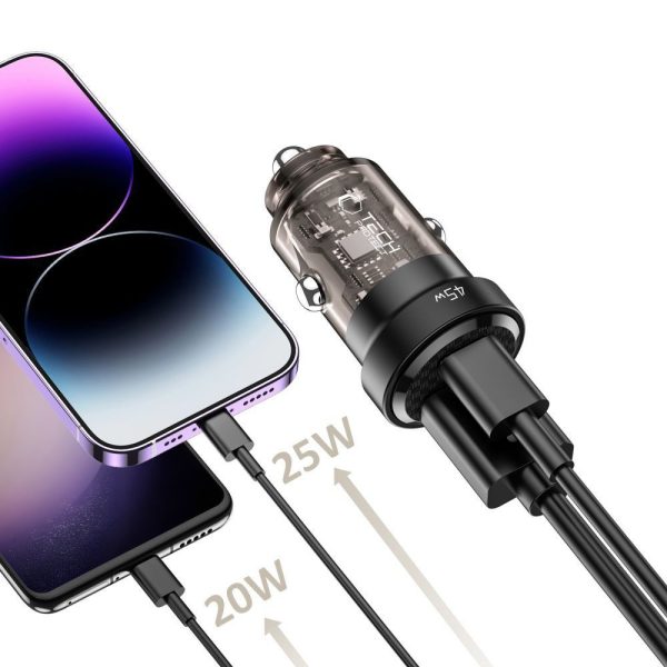 USB-C USB-A CC45W QC 45W automašīnas lādētājs - melns