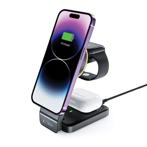 3-in-1 bezvadu lādētājs ar viedtālruņa statīvu Apple Watch AirPods MagSafe - melns