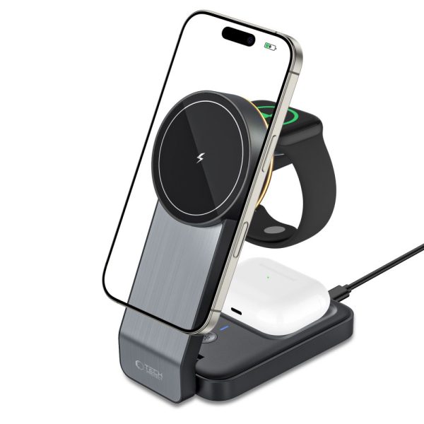 3-in-1 bezvadu lādētājs ar viedtālruņa statīvu Apple Watch AirPods MagSafe - melns