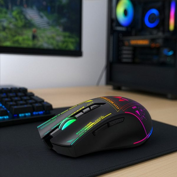 Bezvadu optiskā spēļu pele ar uzlādējamu akumulatoru un RGB apgaismojumu 3200 DPI - melna