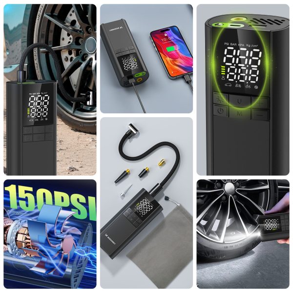 Kompresors, elektriskais pumpis, lādētājs, lukturītis, 150 PSI, 8000mAh - melns