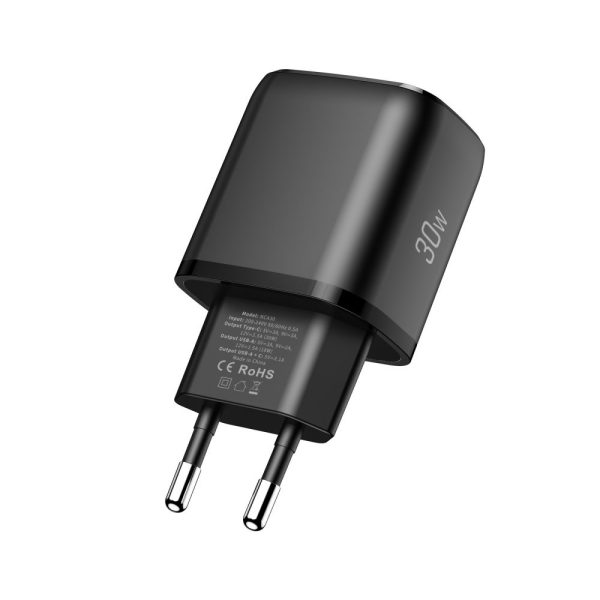 USB-A USB-C NCA30 PD QC 30W sienas lādētājs - melns