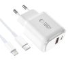 USB-A USB-C sienas lādētājs ar USB-C iPhone Lightning kabeli NCA20 PD QC 20W - balts
