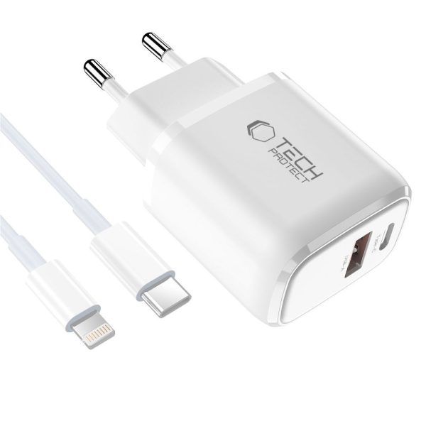 USB-A USB-C sienas lādētājs ar USB-C iPhone Lightning kabeli NCA20 PD QC 20W - balts