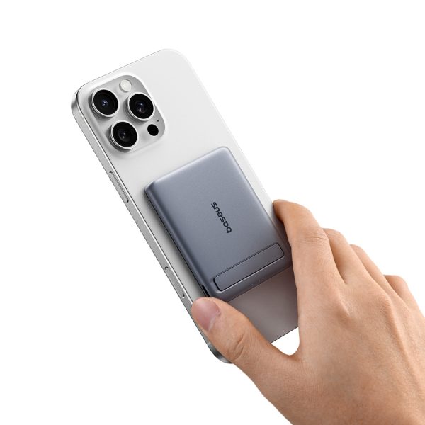 Ultraplāns 5000mAh pārnēsājamais akumulators ar statīvu un PicoGo AM31 Qi2 MagSafe 20W kabeli - pelēks