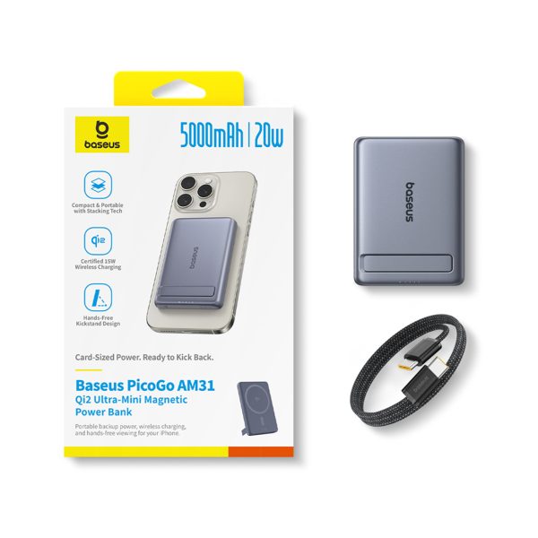 Ultraplāns 5000mAh pārnēsājamais akumulators ar statīvu un PicoGo AM31 Qi2 MagSafe 20W kabeli - pelēks