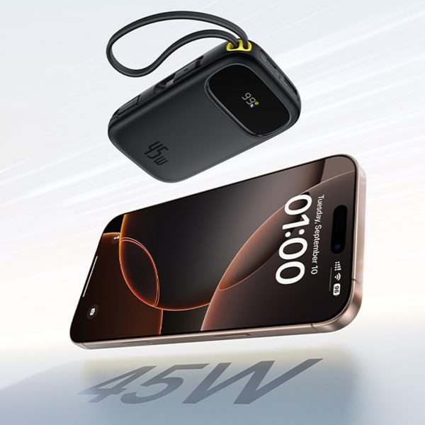 EnerFill FC31 10000mAh 45W Powerbank ar USB-C iPhone Lightning kabeļiem - melns