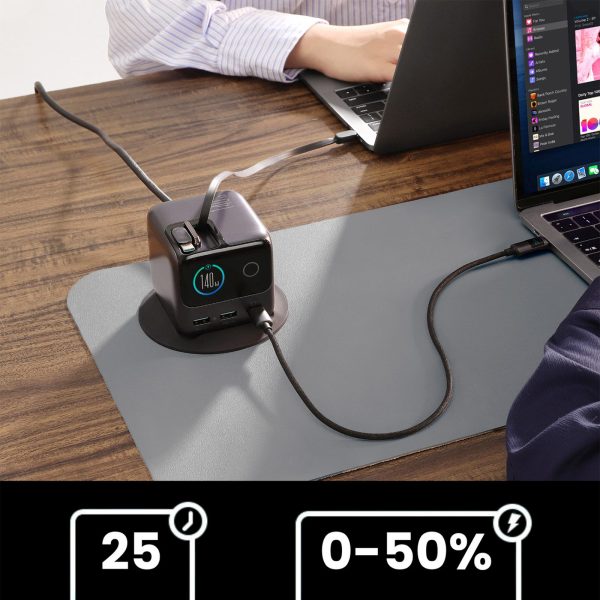 5 portu galda lādētājs ar 2 ievelkamiem kabeļiem GaN 140W - pelēks
