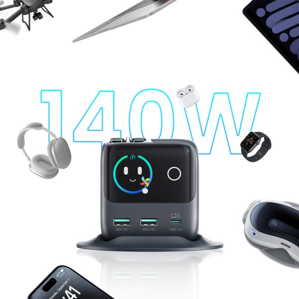 5 portu galda lādētājs ar 2 ievelkamiem kabeļiem GaN 140W - pelēks