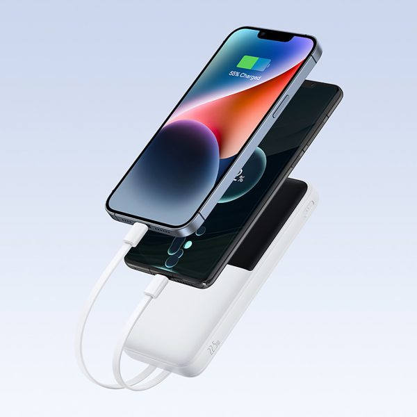 Lipow 10000mAh 22.5W Powerbank ar iebūvētu USB-C iPhone Lightning kabeli - balts