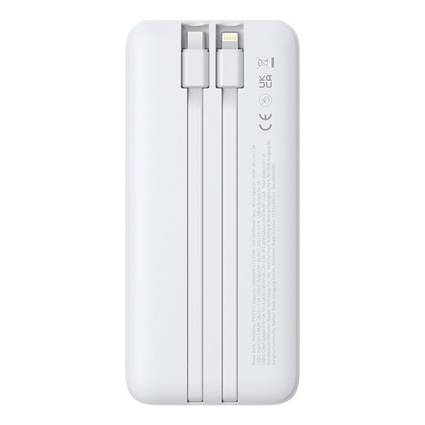 Lipow 10000mAh 22.5W Powerbank ar iebūvētu USB-C iPhone Lightning kabeli - balts