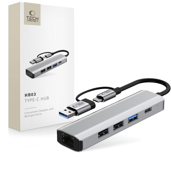 5-in-1 USB-C USB-A Ethernet RJ45 centrmezgla adapteris - pelēks