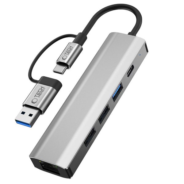 5-in-1 USB-C USB-A Ethernet RJ45 centrmezgla adapteris - pelēks