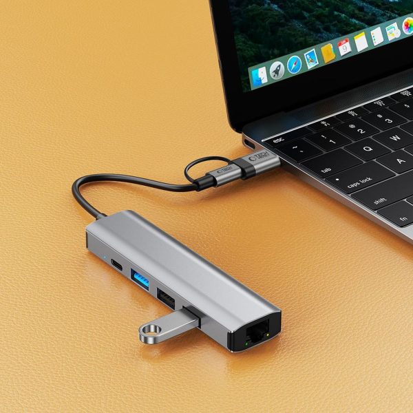 5-in-1 USB-C USB-A Ethernet RJ45 centrmezgla adapteris - pelēks
