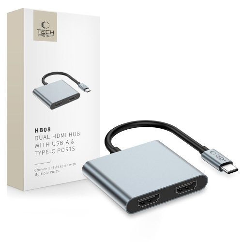 1032183-1-hub-adapter-4w1-usb-c-usb-a-2x-tech-protect-hurtownia-dropshipping.jpg HUB adapteris 4in1 USB-C USB-A 2x HDMI 4K 60HZ - pelēks