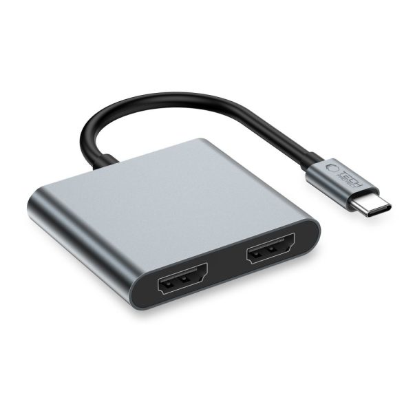 HUB adapteris 4in1 USB-C USB-A 2x HDMI 4K 60HZ - pelēks