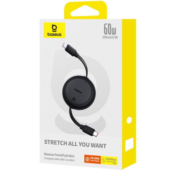 USB-C Free2Pull 60W 1m izvelkams kabelis - melns