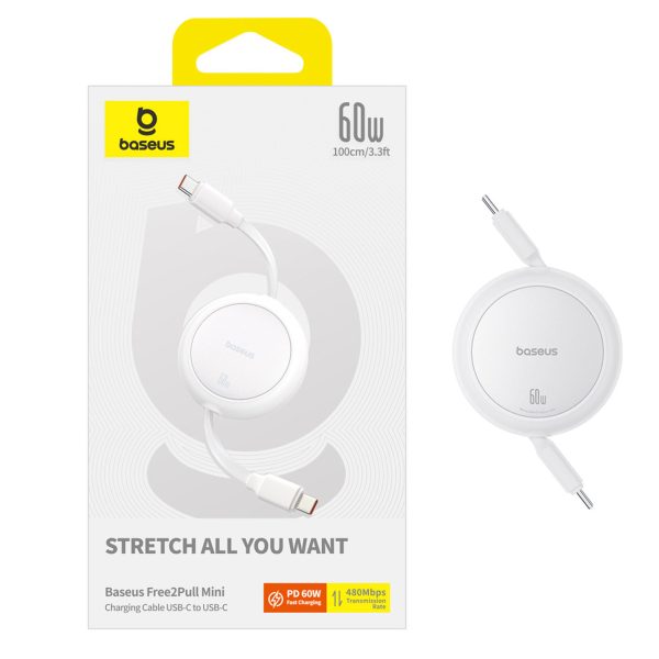 USB-C Free2Pull 60W 1m izvelkams kabelis - balts