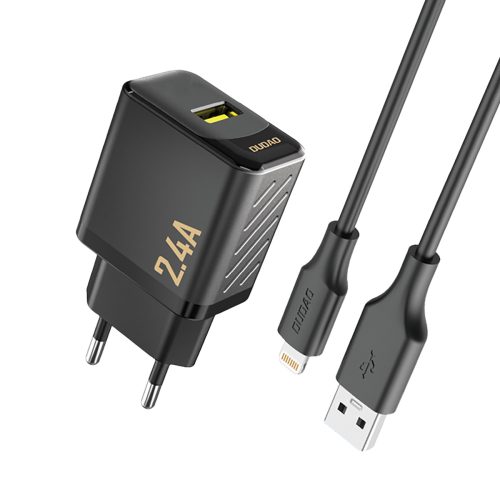 1032266-1-ladowarka-sieciowa-usb-a-z-kablem-usb-a-dudao-hurtownia-dropshipping.jpg USB-A sienas lādētājs ar USB-A kabeli - iPhone Lightning 2.4A GaN EU - melns