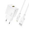 USB-A sienas lādētājs ar USB-A kabeli - iPhone Lightning 2.4A GaN EU - balts