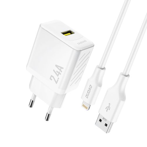 1032267-1-ladowarka-sieciowa-usb-a-z-kablem-usb-a-dudao-hurtownia-dropshipping.jpg USB-A sienas lādētājs ar USB-A kabeli - iPhone Lightning 2.4A GaN EU - balts