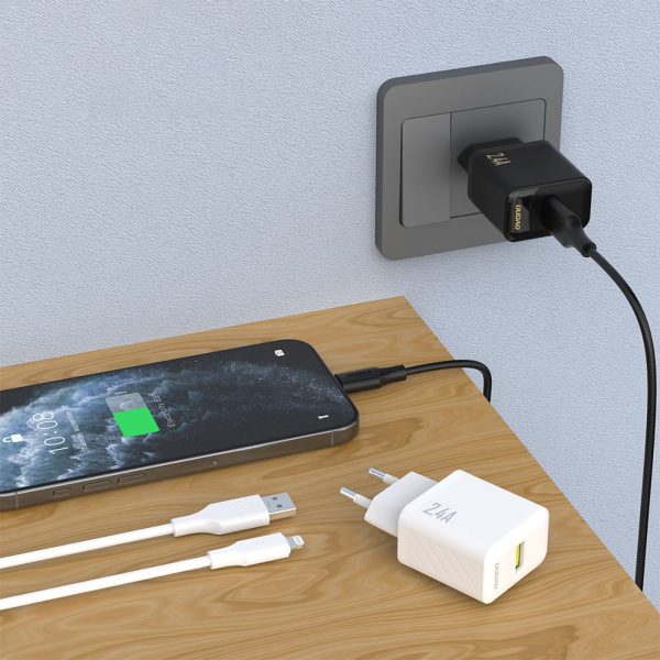 USB-A sienas lādētājs ar USB-A kabeli - iPhone Lightning 2.4A GaN EU - balts