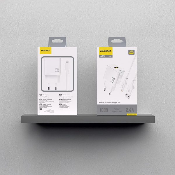 USB-A sienas lādētājs ar USB-A kabeli - iPhone Lightning 2.4A GaN EU - balts