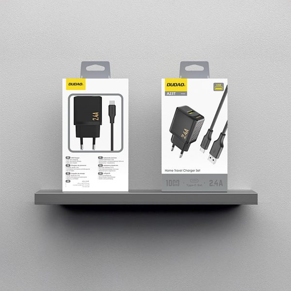 USB-A sienas lādētājs ar USB-A - USB-C 2.4A GaN kabeli - melns