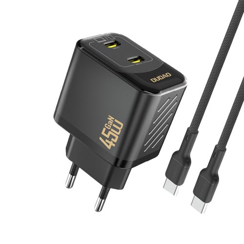 1032272-1-ladowarka-sieciowa-2xusb-c-z-kablem-usb-c-dudao-hurtownia-dropshipping.jpg 2xUSB-C sienas lādētājs ar USB-C GaN PD 45W kabeli - melns