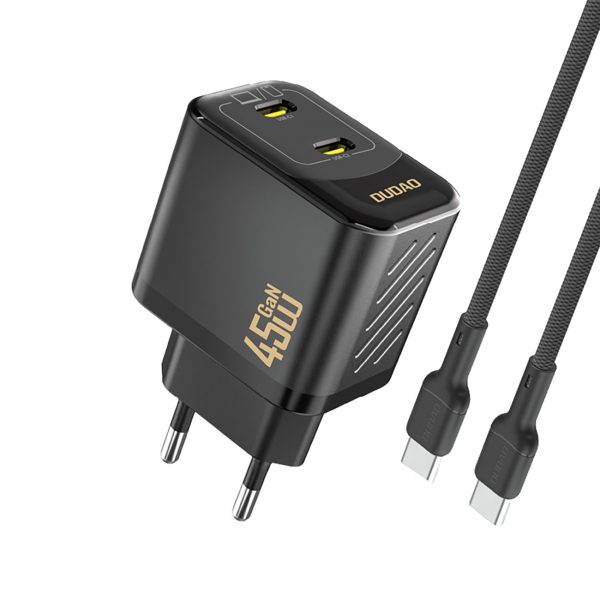2xUSB-C sienas lādētājs ar USB-C GaN PD 45W kabeli - melns
