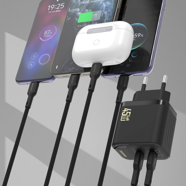 2xUSB-C sienas lādētājs ar USB-C GaN PD 45W kabeli - melns