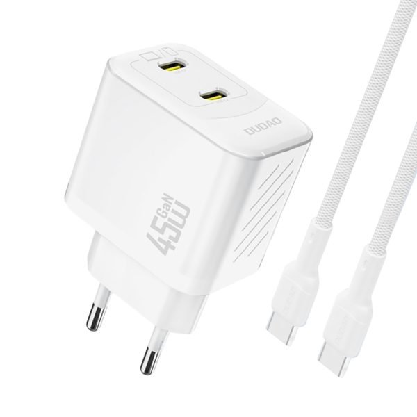 2xUSB-C sienas lādētājs ar USB-C GaN PD 45W kabeli - balts