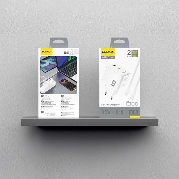 2xUSB-C sienas lādētājs ar USB-C GaN PD 45W kabeli - balts