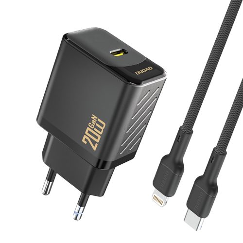 1032276-1-ladowarka-sieciowa-usb-c-z-kablem-usb-c-dudao-hurtownia-dropshipping.jpg USB-C sienas lādētājs ar USB-C kabeli - iPhone Lightning GaN PD 20W - melns